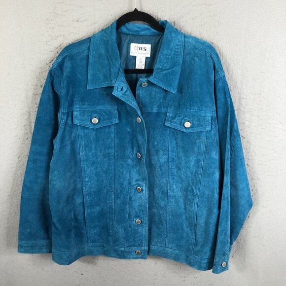 CWS Leather Jacket Womens 1X Plus Size Blue Suede Trucker Turquoise Western - Picture 1 of 16